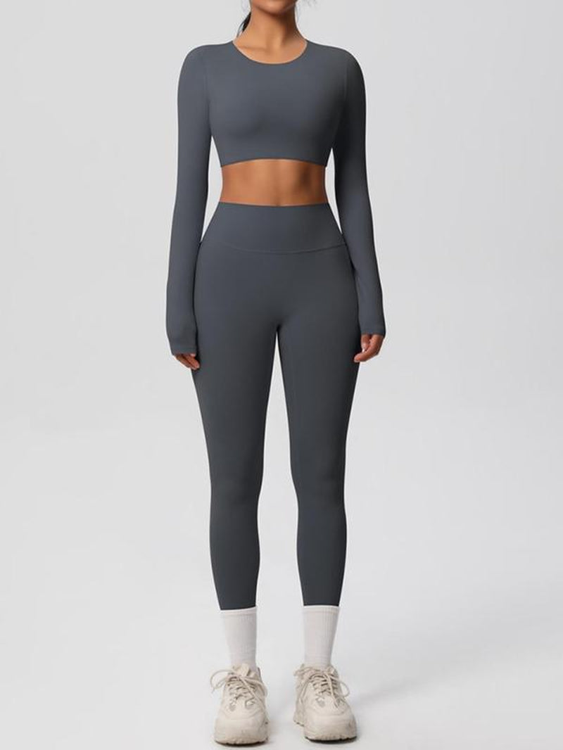Women'S Solid Long Sleeve Crop Top & High Waist Leggings Tracksuit Set, Sporty Breathable Comfy Outfits for Yoga Gym Workout Running, Jogging Sets for Women, Ladies Sportswear for All Seasons