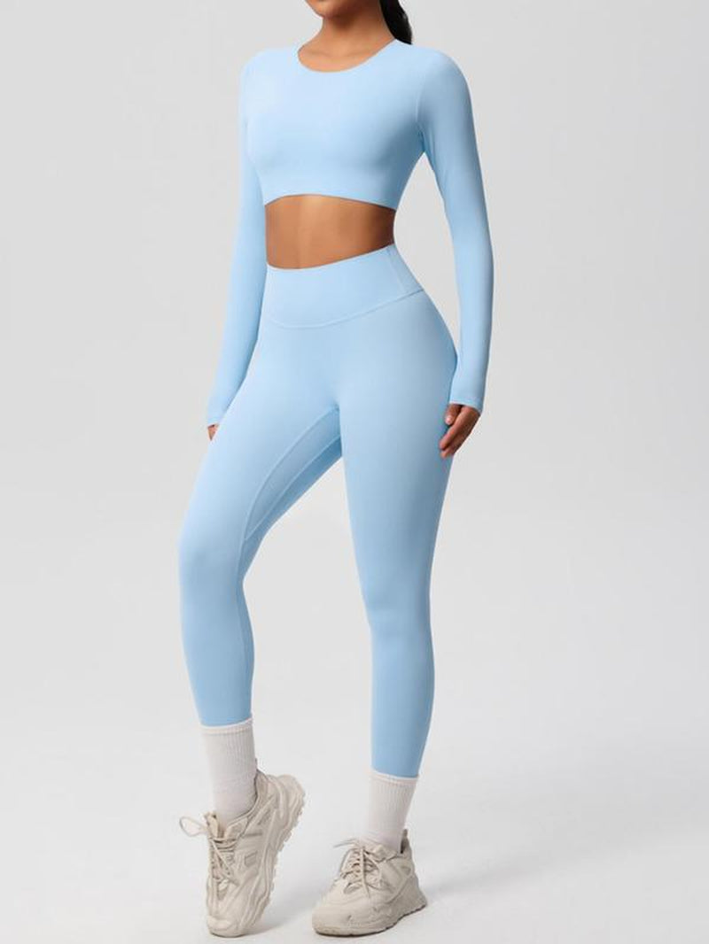 Women'S Solid Long Sleeve Crop Top & High Waist Leggings Tracksuit Set, Sporty Breathable Comfy Outfits for Yoga Gym Workout Running, Jogging Sets for Women, Ladies Sportswear for All Seasons