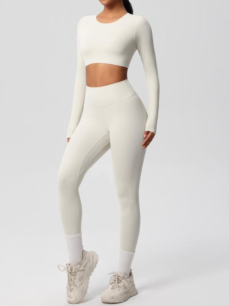 Women'S Solid Long Sleeve Crop Top & High Waist Leggings Tracksuit Set, Sporty Breathable Comfy Outfits for Yoga Gym Workout Running, Jogging Sets for Women, Ladies Sportswear for All Seasons