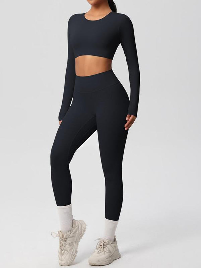 Women'S Solid Long Sleeve Crop Top & High Waist Leggings Tracksuit Set, Sporty Breathable Comfy Outfits for Yoga Gym Workout Running, Jogging Sets for Women, Ladies Sportswear for All Seasons