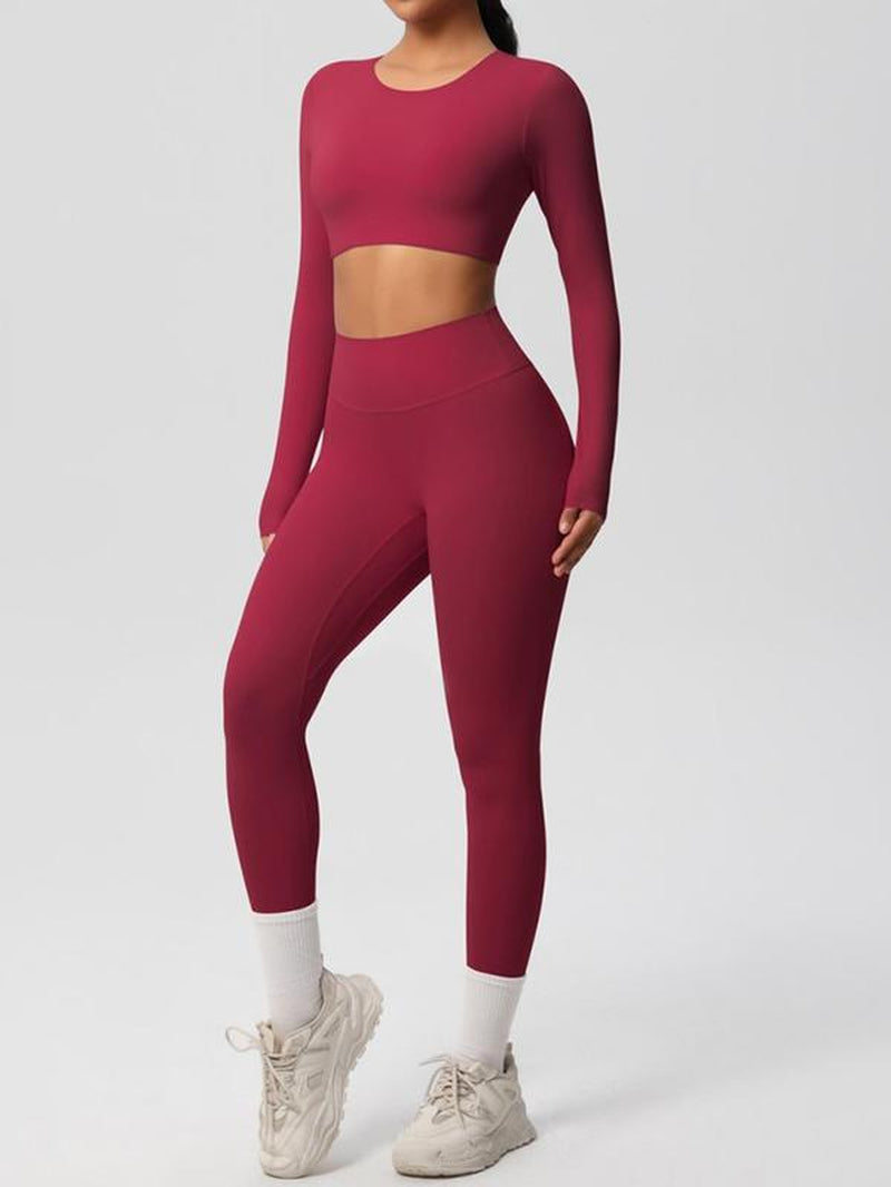 Women'S Solid Long Sleeve Crop Top & High Waist Leggings Tracksuit Set, Sporty Breathable Comfy Outfits for Yoga Gym Workout Running, Jogging Sets for Women, Ladies Sportswear for All Seasons