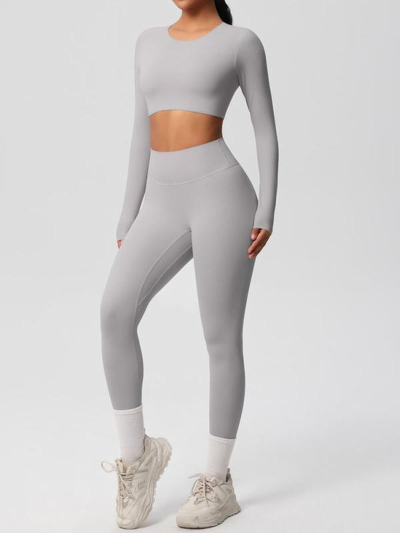 Women'S Solid Long Sleeve Crop Top & High Waist Leggings Tracksuit Set, Sporty Breathable Comfy Outfits for Yoga Gym Workout Running, Jogging Sets for Women, Ladies Sportswear for All Seasons