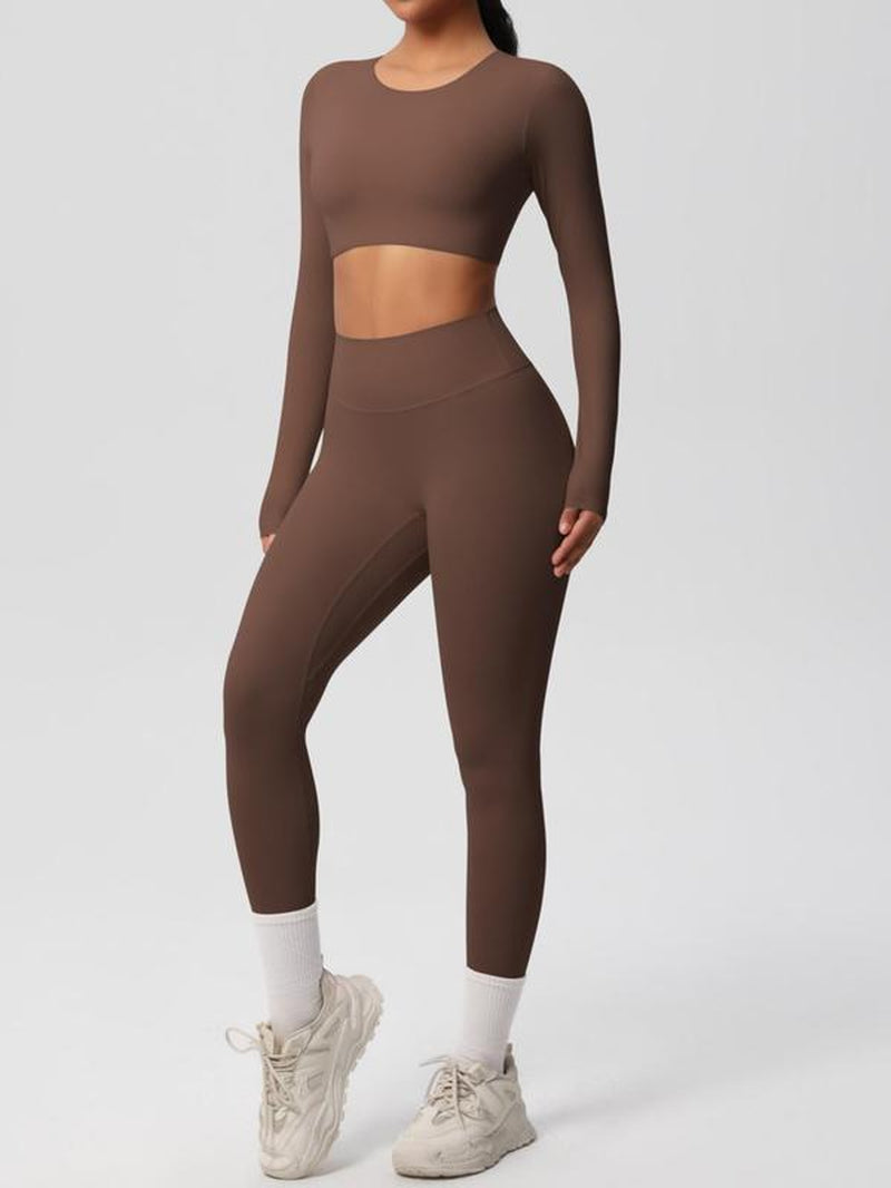 Women'S Solid Long Sleeve Crop Top & High Waist Leggings Tracksuit Set, Sporty Breathable Comfy Outfits for Yoga Gym Workout Running, Jogging Sets for Women, Ladies Sportswear for All Seasons