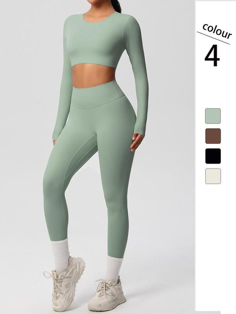 Women'S Solid Long Sleeve Crop Top & High Waist Leggings Tracksuit Set, Sporty Breathable Comfy Outfits for Yoga Gym Workout Running, Jogging Sets for Women, Ladies Sportswear for All Seasons