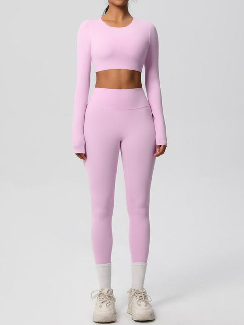 Women'S Solid Long Sleeve Crop Top & High Waist Leggings Tracksuit Set, Sporty Breathable Comfy Outfits for Yoga Gym Workout Running, Jogging Sets for Women, Ladies Sportswear for All Seasons