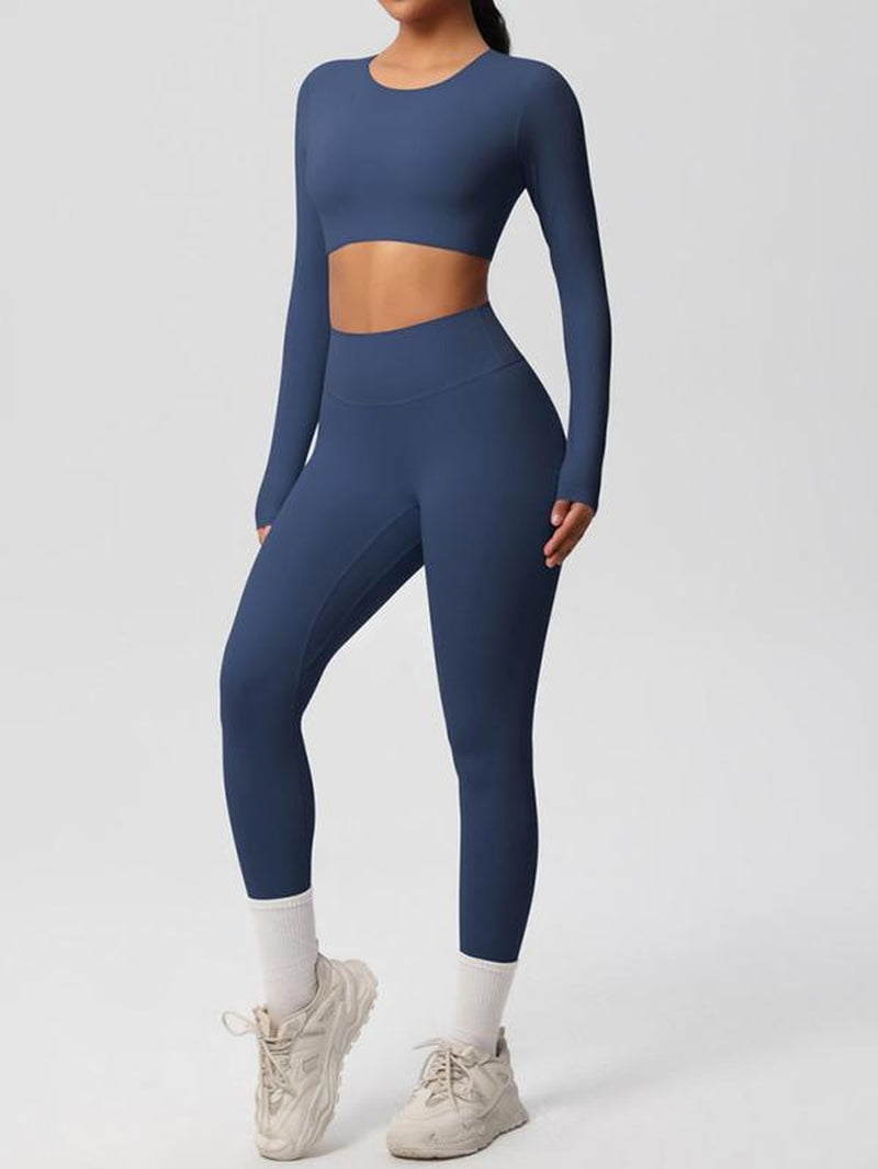 Women'S Solid Long Sleeve Crop Top & High Waist Leggings Tracksuit Set, Sporty Breathable Comfy Outfits for Yoga Gym Workout Running, Jogging Sets for Women, Ladies Sportswear for All Seasons